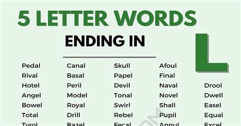 Five Letter Words that end in L by Wordfinderx. . Five letter word ending in l a
